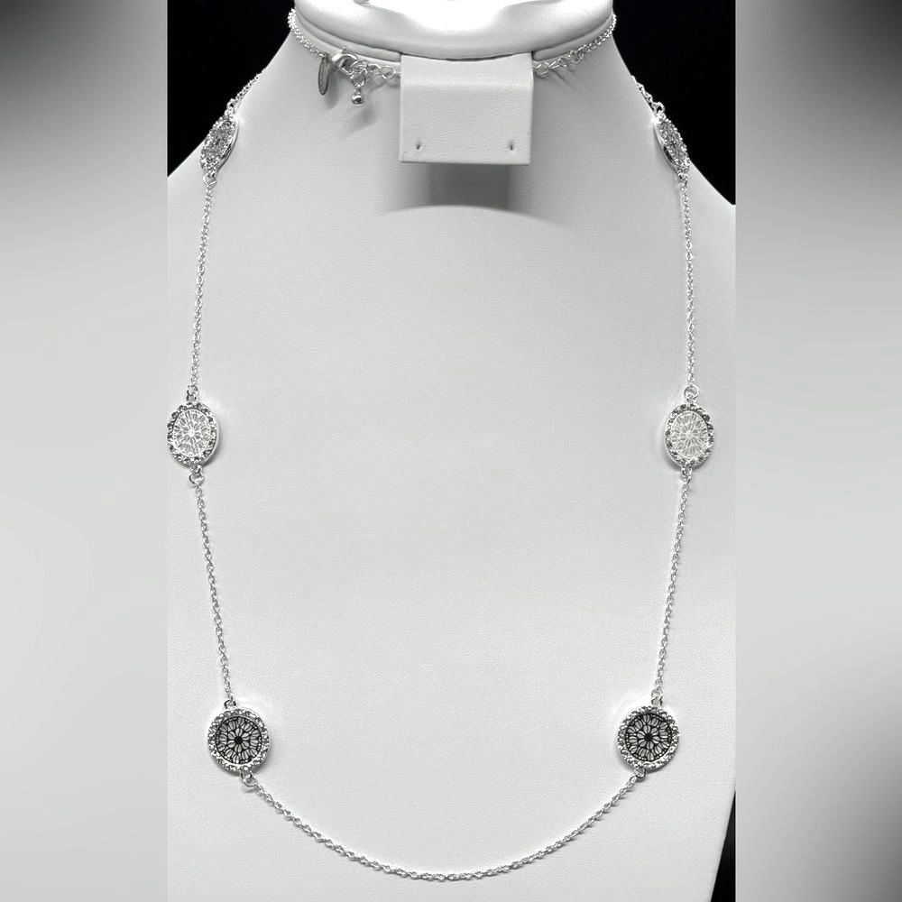 Chico’s Long Silver Tone Crystal Medallion Stations Statement Necklace NWOT 40IN